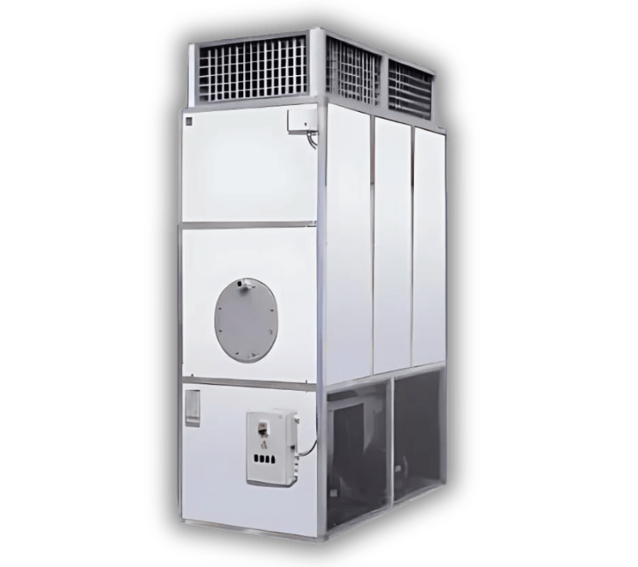 Un générateur d'air chaud fixe industriel vertical, bicolore blanc et gris foncé, avec des grilles de ventilation et un orifice central.