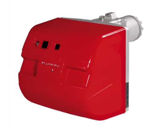 Photographie d'un brûleur industriel Riello à gaz ou fioul avec un capot rouge.