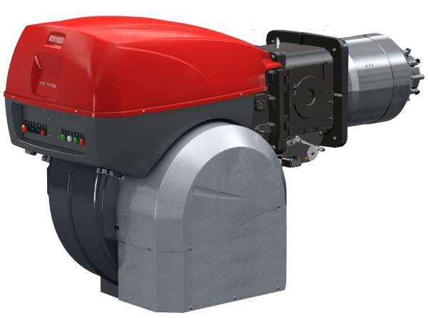 Photographie d'un brûleur industriel Riello RS 1200 à gaz ou fioul avec un capot rouge et un ventilateur gris.
