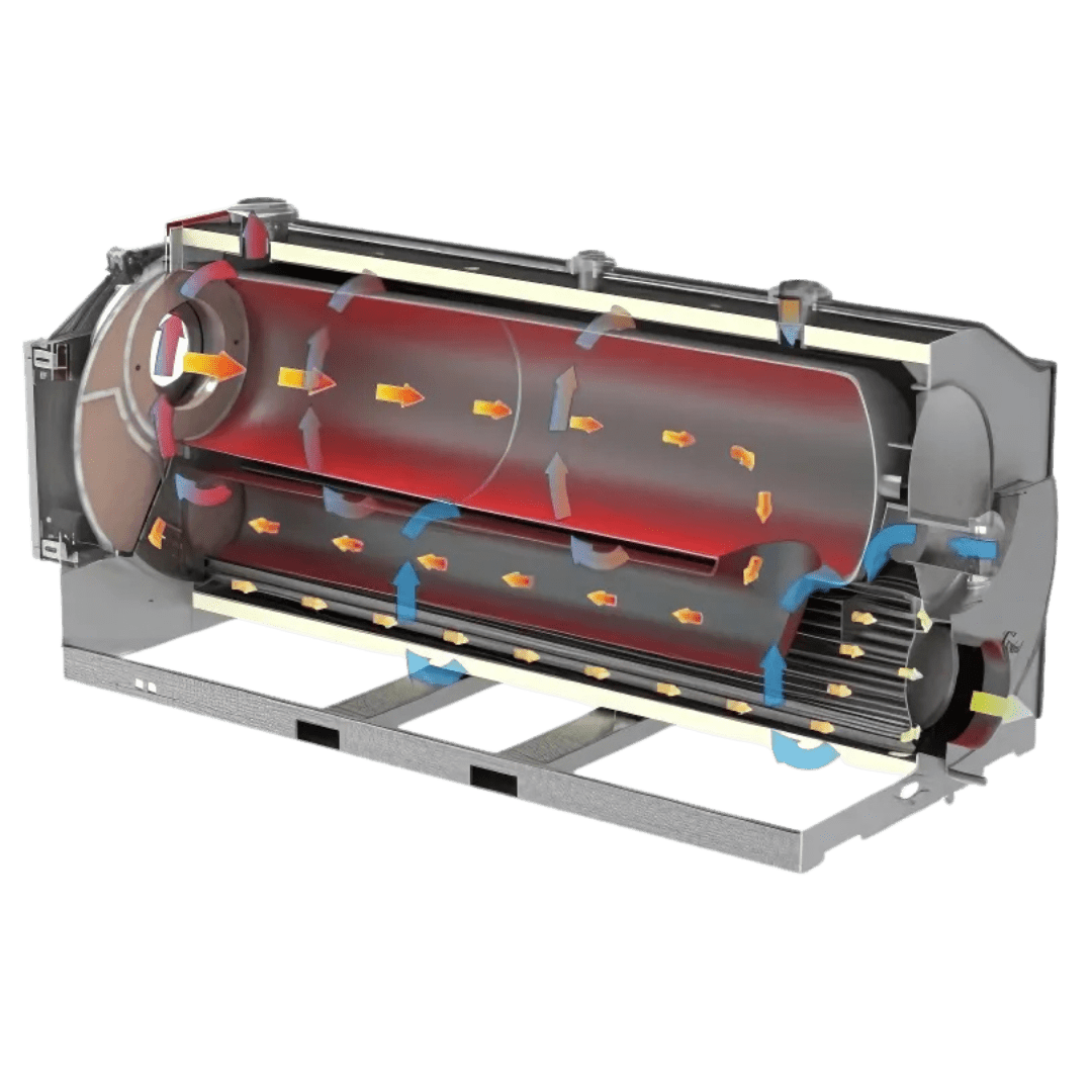 Schéma en coupe d'une chaudière à condensation, montrant la circulation de la chaleur et des fluides à travers trois parcours.
