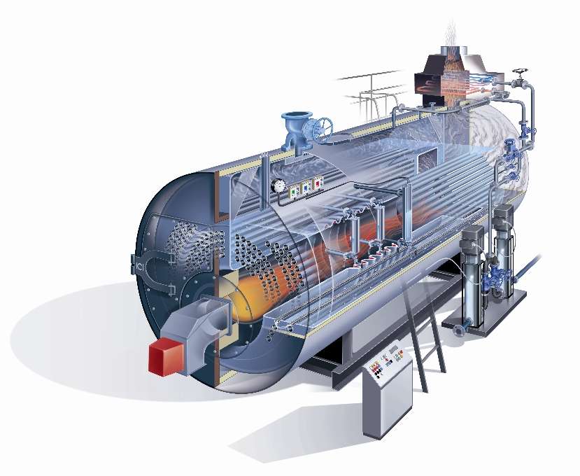 Illustration en coupe d'une chaudière à vapeur industrielle triple parcours montrant les composants internes et le fonctionnement.