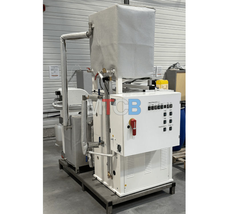Skid vapeur électrique industriel autonome avec chaudière et équipements auxiliaires.