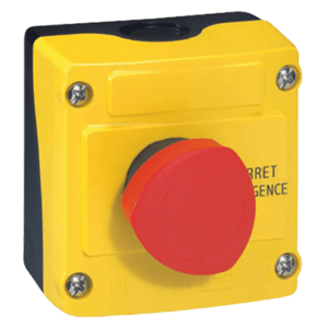 Bouton d'arrêt d'urgence rouge et jaune dans un boîtier carré (robinetterie gaz)