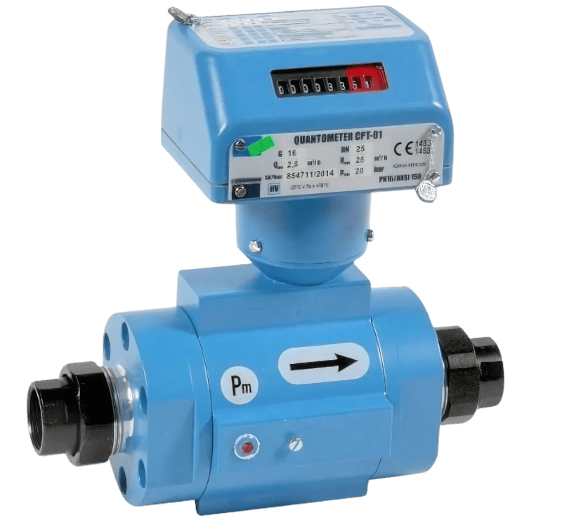 Compteur de gaz industriel bleu avec affichage numérique et informations techniques.