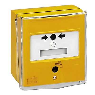 Déclencheur manuel jaune avec instructions visuelles et couvercle transparent.