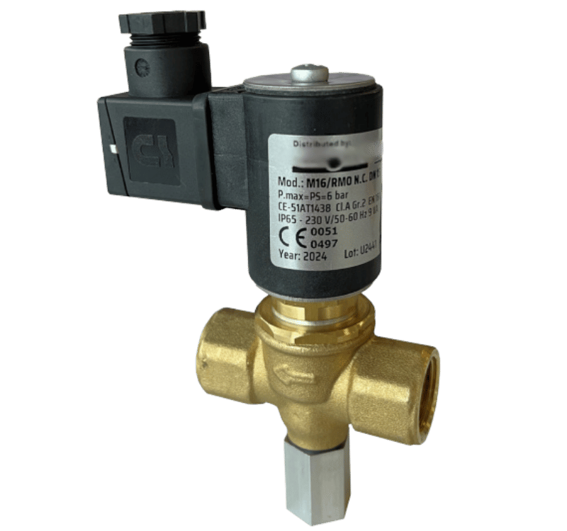 Électrovanne de gaz avec corps en laiton et bobine noire, comportant une étiquette d'information.