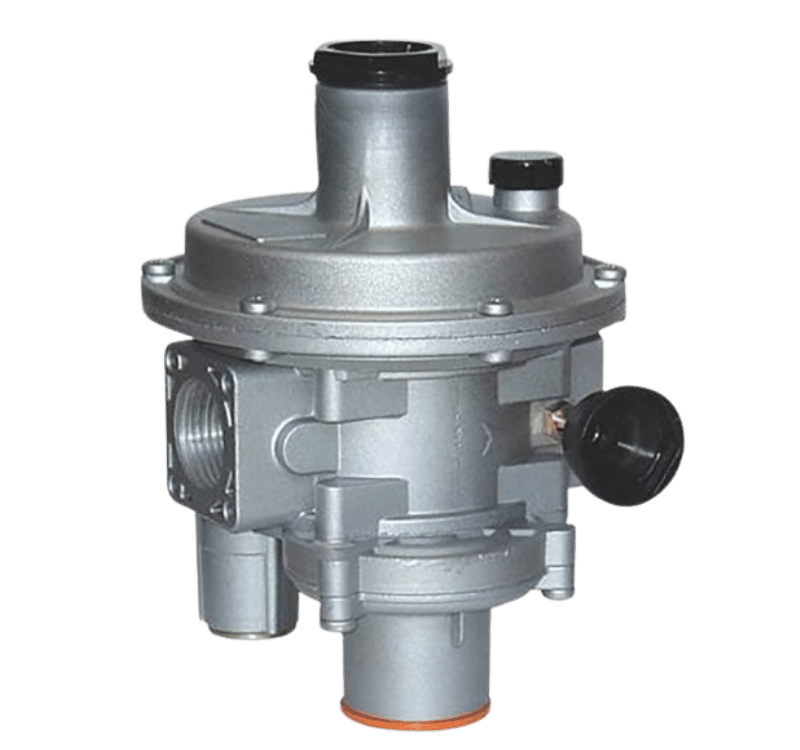 Régulateur de pression pour gaz, en métal argenté, avec des connexions multiples et un bouton rotatif noir.