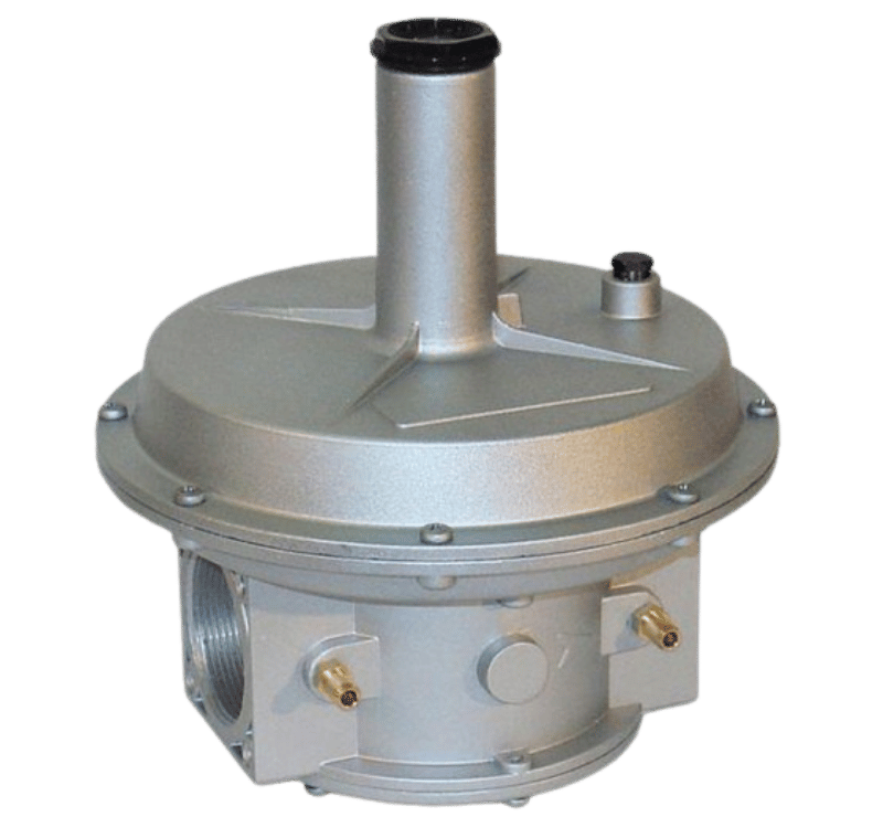 Régulateur de pression pour gaz avec filtre intégré, de couleur argentée.