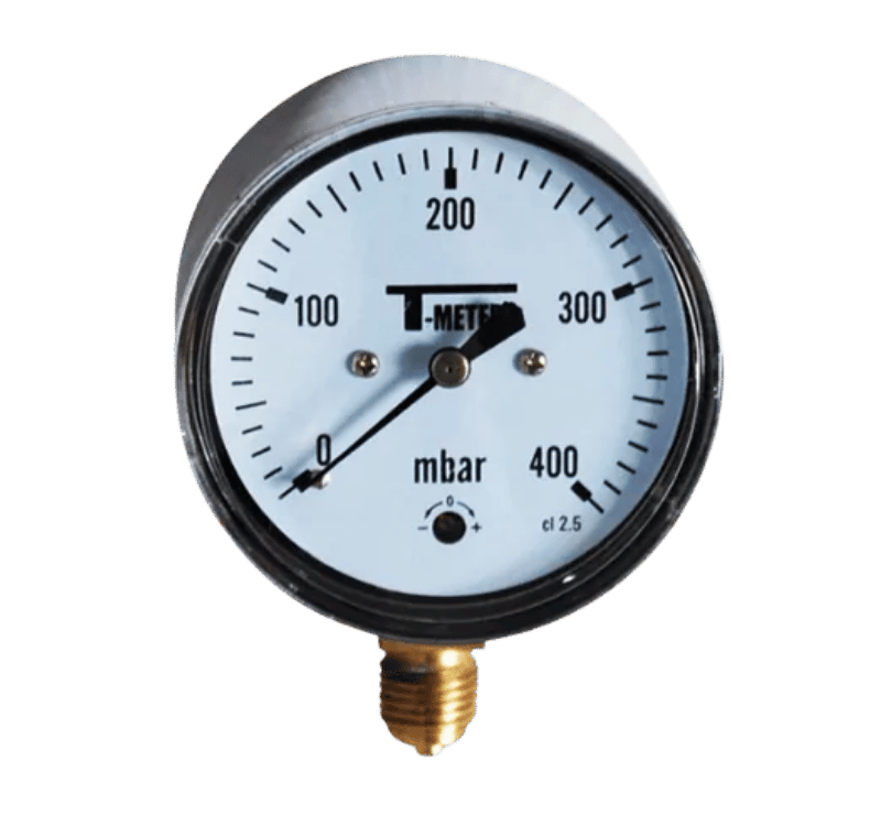 Manomètre gaz avec cadran blanc, aiguille noire et graduations jusqu'à 400 mbar.