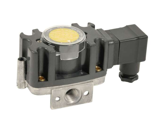 Pressostat gaz noir et argent avec cadran jaune et connecteur électrique.