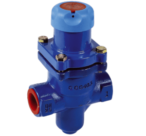 Un réducteur de pression de vapeur industriel bleu avec un couvercle de réglage bleu clair et rouge, et des raccordements rouges.