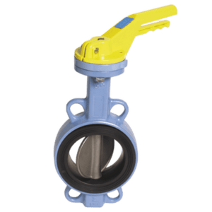 Robinet à papillon bleu et jaune avec mécanisme de manœuvre (robinetterie gaz)