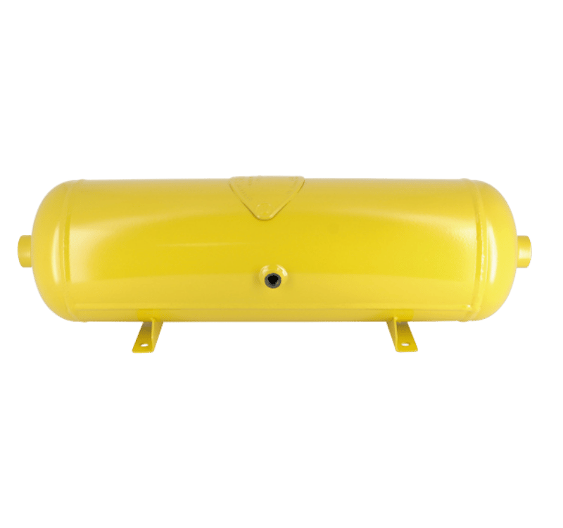 Réservoir cylindrique horizontal (ou capacité tampon) jaune avec supports.