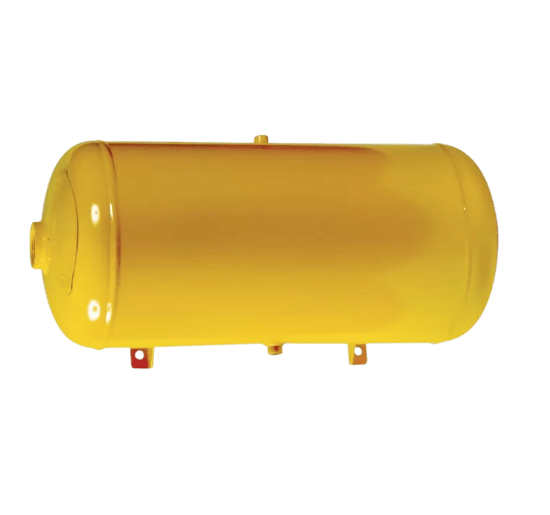 Réservoir cylindrique horizontal (ou capacité tampon) jaune avec supports.