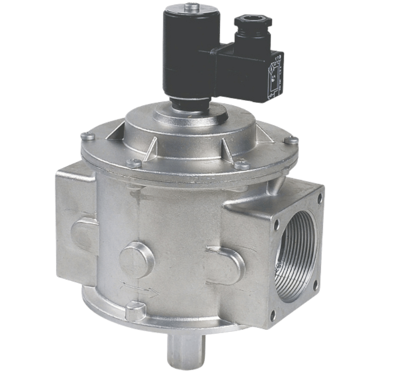 Électrovanne de gaz à corps métallique et bobine noire, avec réarmement manuel.