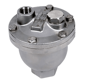 Un éliminateur d'air automatique compact en acier inoxydable brillant, avec un corps hémisphérique et une bride supérieure.