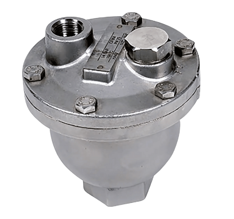 Un éliminateur d'air automatique compact en acier inoxydable brillant, avec un corps hémisphérique et une bride supérieure.
