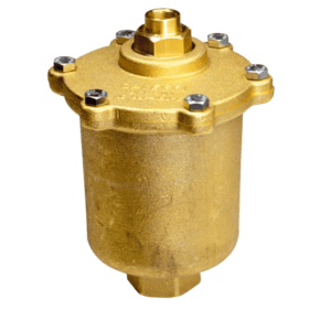 Un éliminateur d'air automatique compact en laiton brillant, avec un corps cylindrique et une bride supérieure.