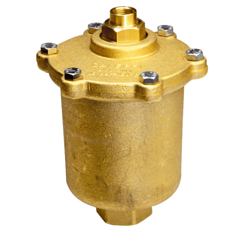 Un éliminateur d'air automatique compact en laiton brillant, avec un corps cylindrique et une bride supérieure.