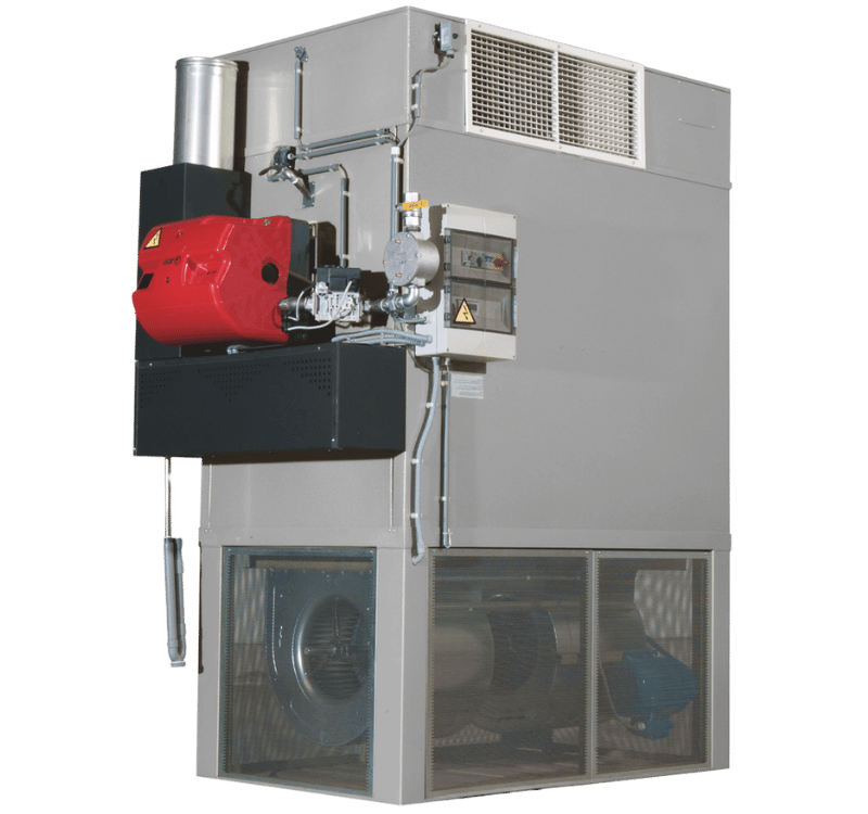 Un générateur d'air chaud fixe industriel de couleur grise avec un grand brûleur rouge et des grilles de ventilation.