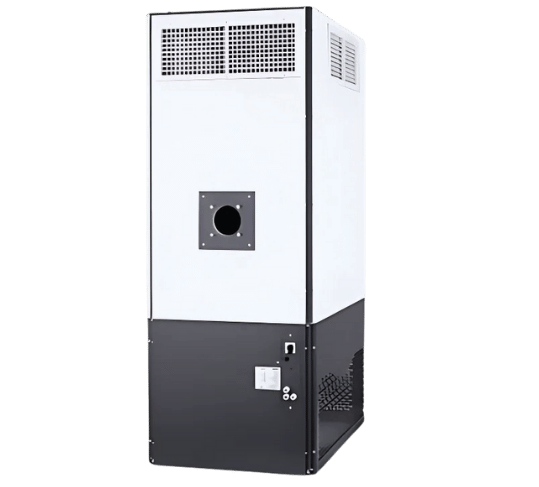 Un générateur d'air chaud fixe industriel vertical, bicolore blanc et gris foncé, avec des grilles de ventilation et un orifice central.