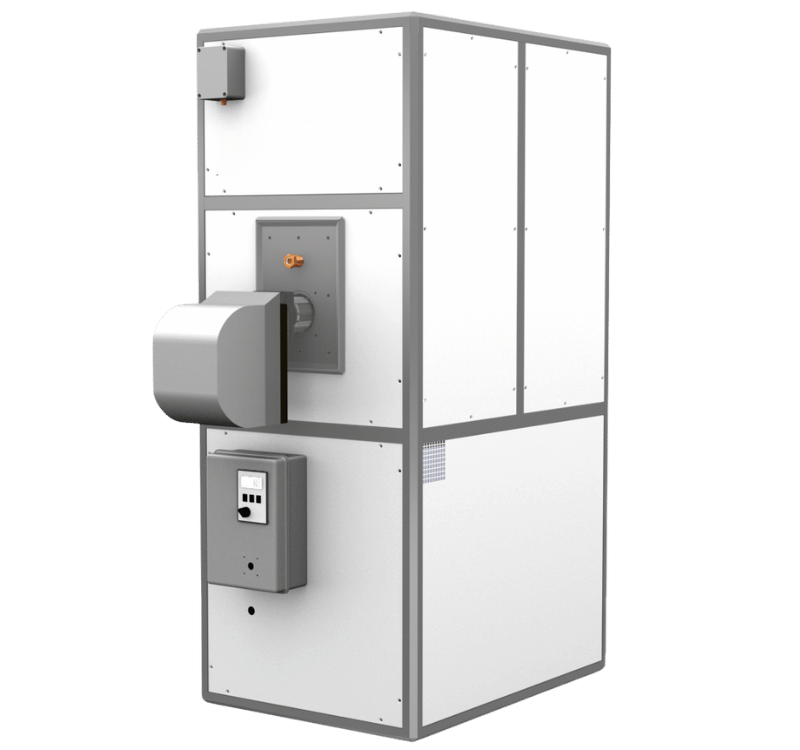 Un générateur d'air chaud fixe vertical, bicolore blanc et gris, avec un grand conduit de sortie latéral et un panneau de contrôle.