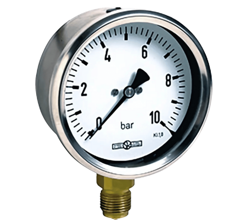 Un manomètre rond en acier inoxydable avec un cadran blanc, affichant une échelle de pression en bars et une aiguille noire.