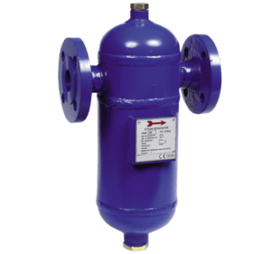 Un séparateur de vapeur industriel cylindrique de couleur bleue, avec de grandes brides aux extrémités latérales et une étiquette technique.