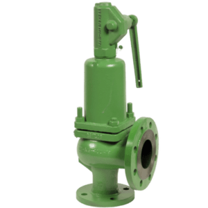Soupape de sûreté industrielle en fonte de couleur vert avec levier et brides.