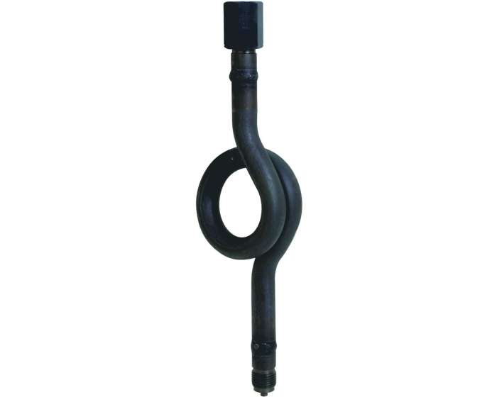 Un siphon cor de chasse noir en forme de boucle, utilisé pour la protection des manomètres de vapeur.