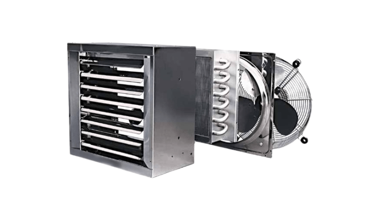 Vue éclatée d'un aérotherme en acier inoxydable montrant le boîtier, l'échangeur de chaleur (serpentin) et le ventilateur axial.