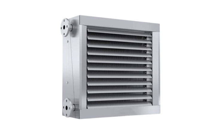 Aérotherme industriel en acier inoxydable avec façade à persiennes et raccords à bride.