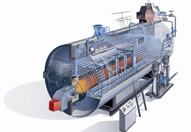 Illustration détaillée d'une chaudière industrielle à tubes de fumée, montrant son fonctionnement interne avec un brûleur, des tubes de chauffe et un système de régulation de la pression.