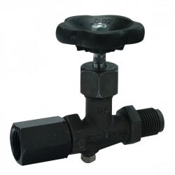 Un robinet de manomètre à pointeau noir avec un volant moleté, conçu pour isoler et réguler la pression vers un manomètre.