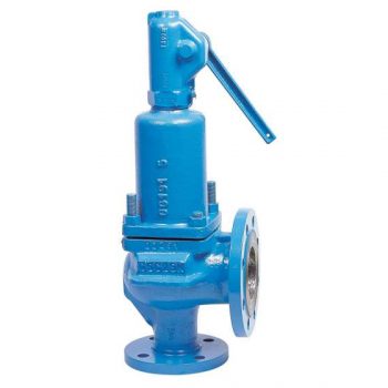 Soupape de sûreté industrielle en acier de couleur bleue avec levier et brides.